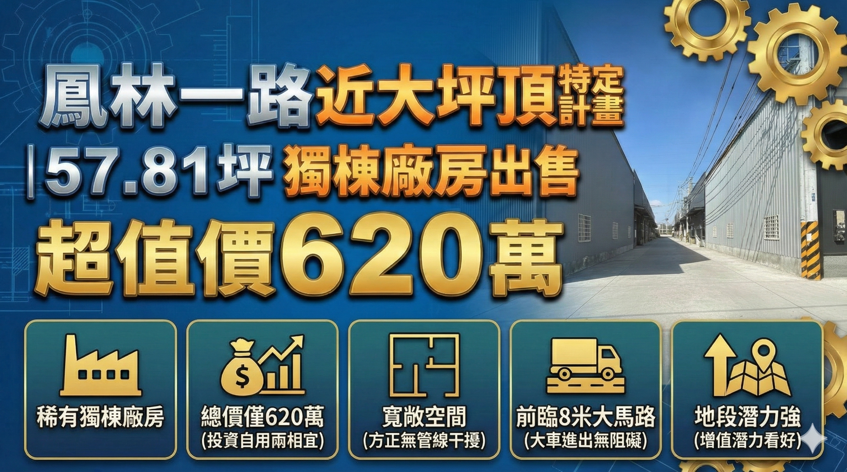 鳳林一路近大坪頂特定計畫區｜57.81坪獨棟廠房出售，超值價620萬