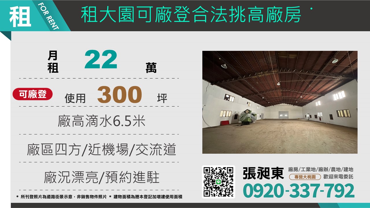 大園可廠登合法挑高廠房