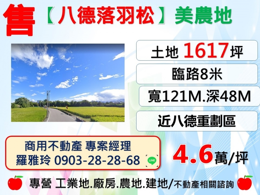 【八德落羽松】面寬臨8米路休閒農地(地形方正好規劃)