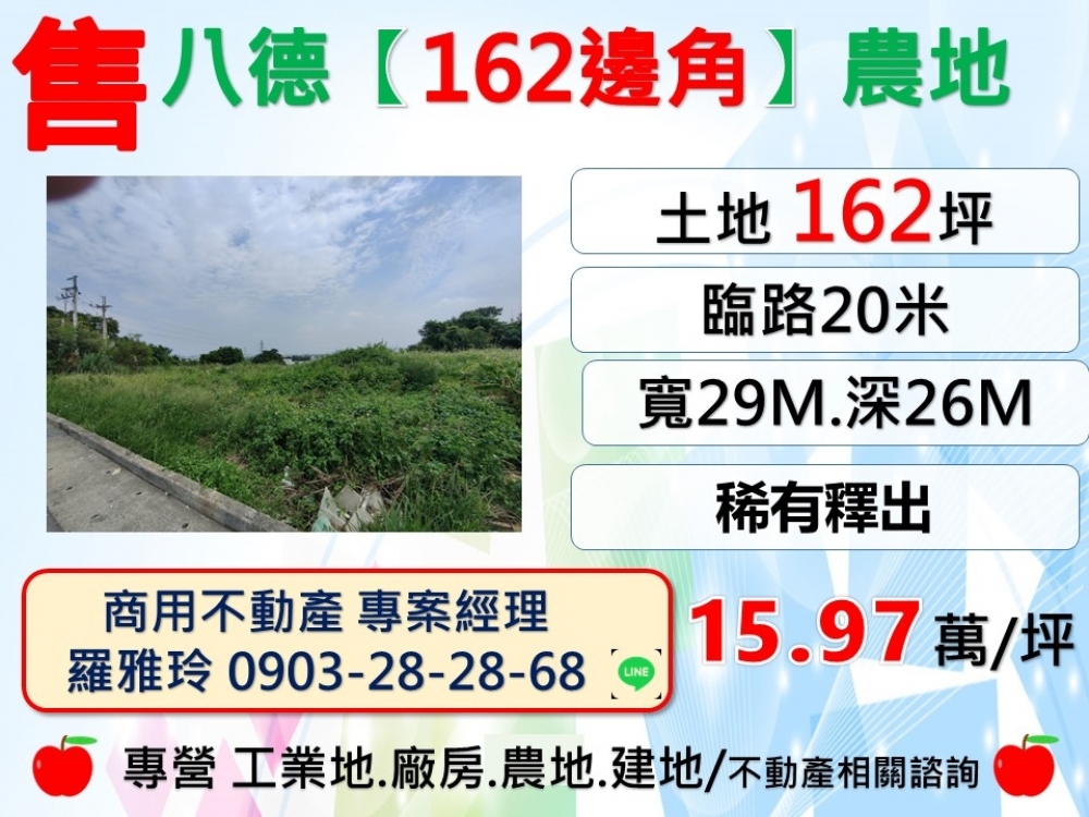 【八德162邊角】大面寬臨路20米農地稀有釋出